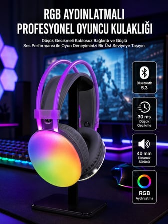 Karg Rgb Işıklı Yüksek Ses Kaliteli Kablosuz Kulak Üstü Bluetooth Kulaklık Najmaddin