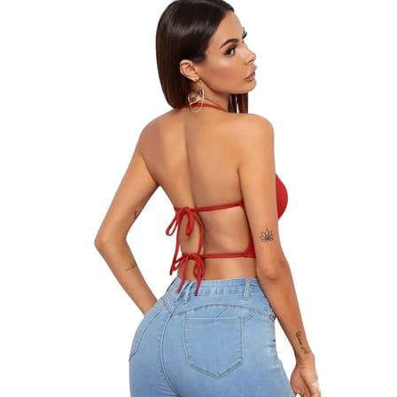 Beru Kadın Sırtı Açık Kırmızı Belden Bağlamalı Crop Büstiyer Najmaddin