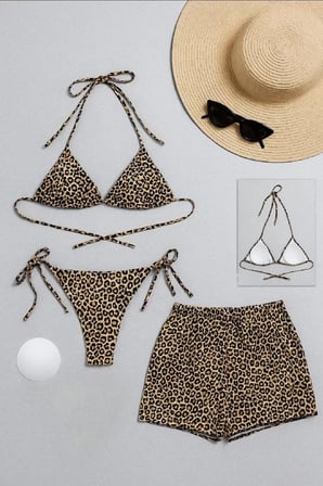 Beru Kadın 3'lü Set Leopar Desenli Şortlu ve Yandan Bağlamalı Bikini Mayo Takımı Najmaddin