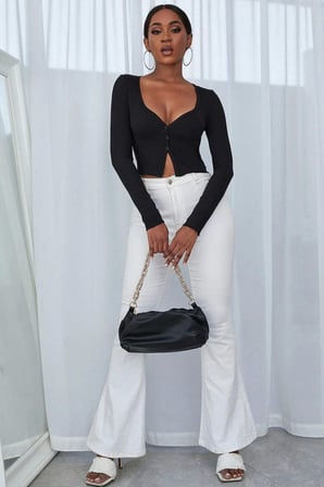 Beru Kadın Siyah Uzun Kollu Düğme Detaylı Göğüs Ve Göbek Dekolteli Crop Top Bluz Premium Stil Najmaddin