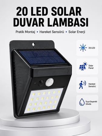 Mey Mey İthalat Su Geçirmez IP65 20 LED Solar Sensörlü Bahçe ve Veranda Aydınlatma Yeni Nesil Najmaddin