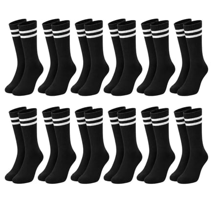 Beru Unisex Beyaz Çorap Siyah Çizgili 12'li Set Uzun Soket Günlük Spor Kolej Stil Kadın Erkek Çorabı Najmaddin