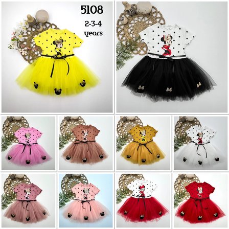 Baby 2-3-4 Yaş Puantiyeli Mickey Baskılı Kurdela Kuşaklı Astarlı Kız Bebek Tütü Elbisesi Hardal Najmaddin