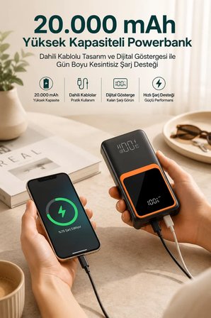 Hepsi 20.000 mAh Taşınabilir Şarj Cihazı Dijital Göstergeli Kablolu Powerbank Najmaddin