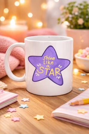 Bez Shine Like a Star – Motivasyon Mesajlı Mor Yıldız Tasarımlı Porselen Kupa MODEL 122 , Günlük Kullanım & Hediye Kupası Najmaddin