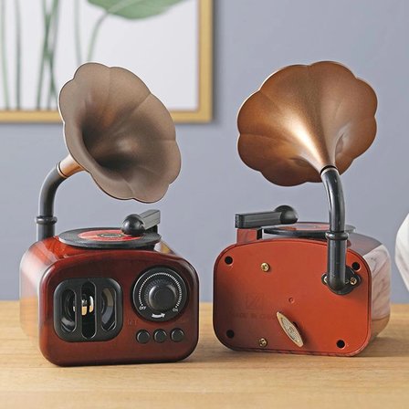 Özel Üretim Nostaljik Retro Radyo Görünümlü Kurmalı Mekanik Masaüstü Gramofon Tasarımlı Müzik Kutusu