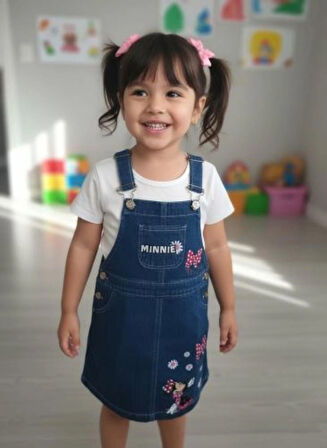 Kız çocuk baskılı mevsimlik askılı kot elbise