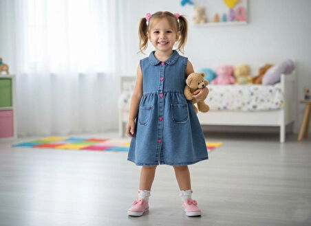 Kız çocuk mevsimlik kot elbise (1 beden büyük alınız.)