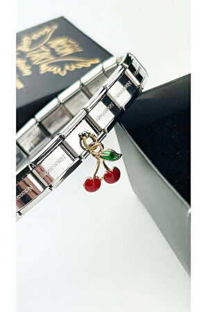 Kiraz, İtalyan Nom Bileklik için Çelik Charm 30, Gümüş Renk (BİLEKLİK DAHİL DEĞİLDİR!!)