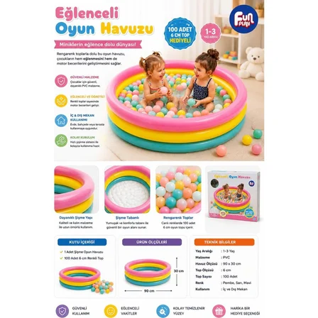 Eğlenceli Oyun Havuzu Şişme Top Havuzu 100 Adet 6 cm Top Hediyeli Çocuk Oyun Alanı 1-3 Yaş 90 cm