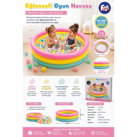Eğlenceli Oyun Havuzu Şişme Top Havuzu 100 Adet 6 cm Top Hediyeli Çocuk Oyun Alanı 1-3 Yaş 90 cm