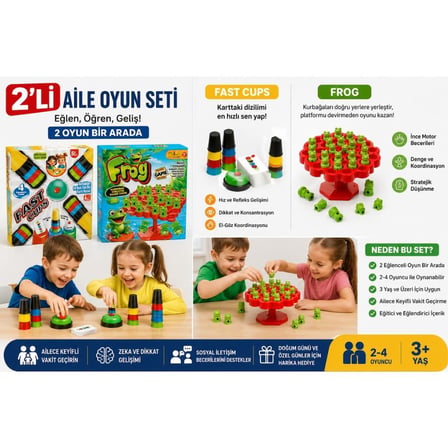 Aile Eğlence Paketi 2'li Oyun Seti Süper Bardaklar Hızlı Bardak Dizme Oyunu ve Frog Kurbağa Denge Oyunu Çocuk ve Aile Aktivite Oyunu Seti