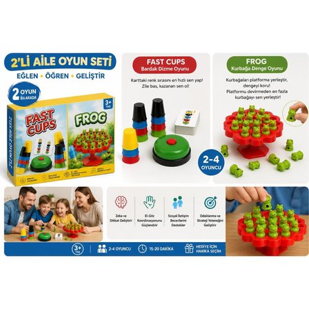 Aile Eğlence Paketi 2'li Oyun Seti Süper Bardaklar Hızlı Bardak Dizme Oyunu ve Frog Kurbağa Denge Oyunu Çocuk ve Aile Aktivite Oyunu Seti