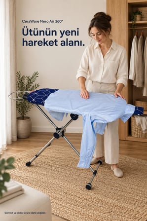 Ceraware NERO 360 AIR DÖNDÜRÜLEBİLEN VE DİKEY KULLANILABİLEN YEDEK BEZLİ ÜTÜ MASASI