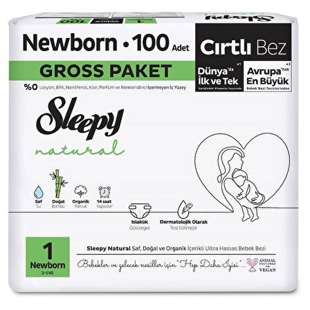 Nessiworld Sleepy Natural Bebek Bezi Gross Paket 1 Beden 2-5 Kg 100 Adet