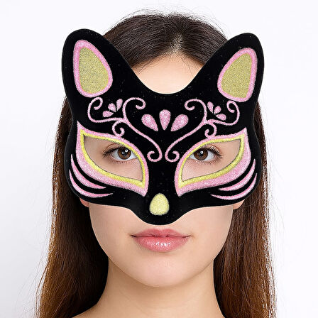Siyah Renk Süet Kaplama Üzeri Sarı Pembe Simli Kedi Maskesi 17x14 cm