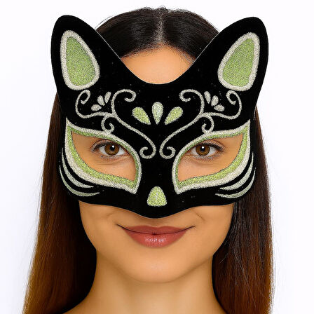Siyah Renk Üzeri Gümüş Yeşil Simli Süet Kaplama Kedi Maskesi 17x14 cm