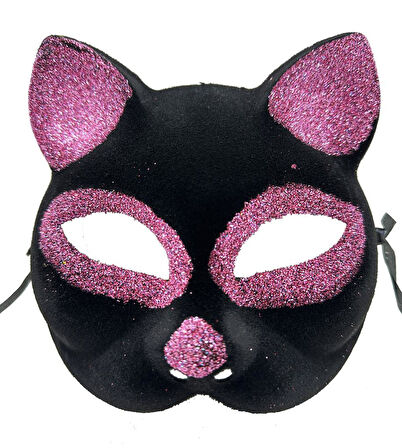 Siyah Renk Pembe Simli Süet Kedi Maskesi 18x14 cm