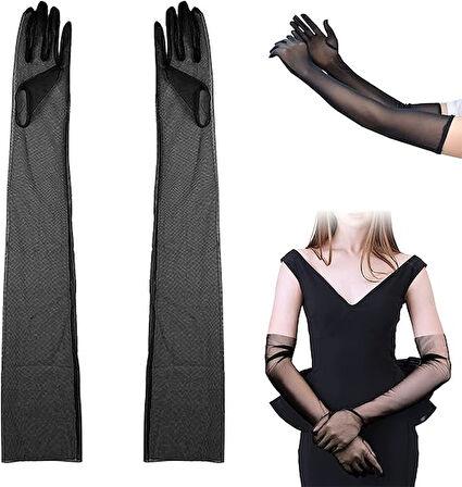 Uzun Boy Likralı Siyah Renk Yetişkin Mega Tül Eldiven 53 cm