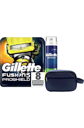 Fusion Proshield 8 Adet Tıraş Bıçağı Yedeği + Gillette Sensitive 250 ml Tıraş Köpüğü + Seyahat Çanta