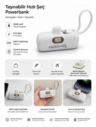 Rainvolt Mini Kapsül Powerbank – LED Dijital Göstergeli & Dahili Kablolu Taşınabilir Şarj Cihazı