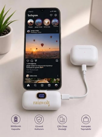 Rainvolt Mini Kapsül Powerbank – LED Dijital Göstergeli & Dahili Kablolu Taşınabilir Şarj Cihazı