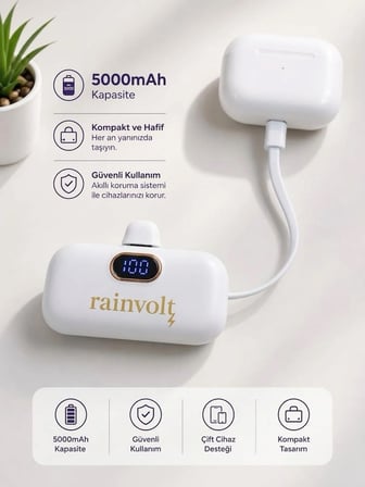 Rainvolt Mini Kapsül Powerbank – LED Dijital Göstergeli & Dahili Kablolu Taşınabilir Şarj Cihazı