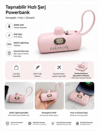 Rainvolt Mini Kapsül Powerbank – LED Dijital Göstergeli & Dahili Kablolu Taşınabilir Şarj Cihazı