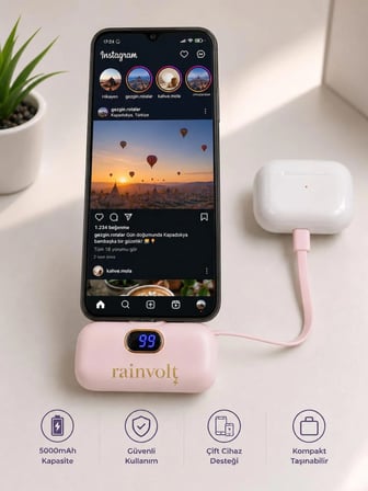 Rainvolt Mini Kapsül Powerbank – LED Dijital Göstergeli & Dahili Kablolu Taşınabilir Şarj Cihazı