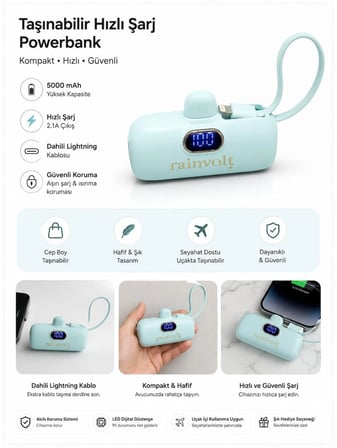 Rainvolt Mini Kapsül Powerbank – LED Dijital Göstergeli & Dahili Kablolu Taşınabilir Şarj Cihazı