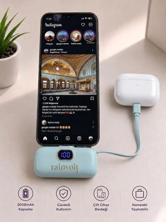 Rainvolt Mini Kapsül Powerbank – LED Dijital Göstergeli & Dahili Kablolu Taşınabilir Şarj Cihazı