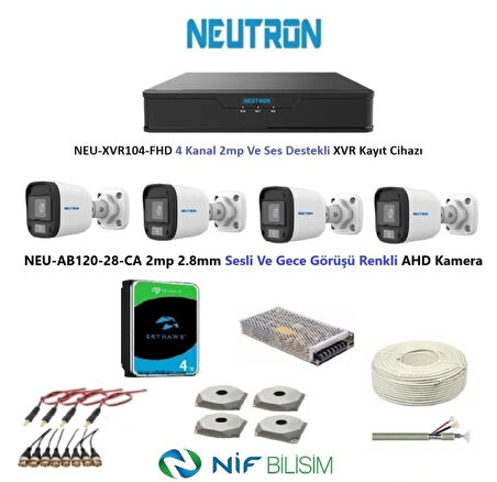 Neutron 2mp 4 kameralı Gece Renkli Sesli Dış ortam AHD Full Kamera Seti 4TB Disk NEU-AB120-28-CA