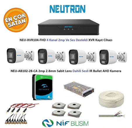 Neutron 2mp 4 kameralı Sesli Dış ortam AHD Full Kamera Seti 4TB Disk NEU-XVR104-FHD NEU-AB102-28-CA