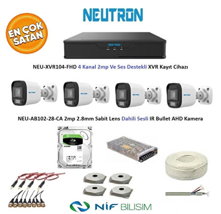 Neutron 2mp 4 kameralı Sesli Dış ortam AHD Full Kamera Seti 500GB Disk NEU-XVR104-FHD NEU-AB102-28-CA