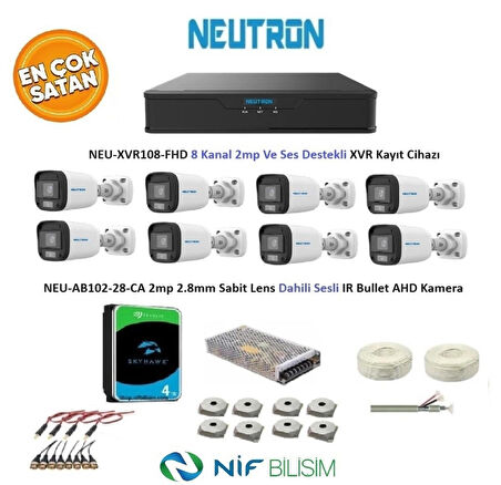 Neutron 2mp 8 kameralı Sesli Dış ortam AHD Full Kamera Seti 4TB Disk NEU-XVR108-FHD NEU-AB102-28-CA