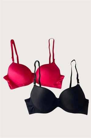 Nevamel® Siyah-Kırmızı 2'Li Mikro Kumaş Push Up Dolgulu Balenli Günlük Destekli Sütyen