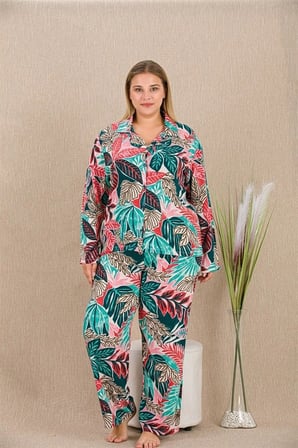 Nevamel® Büyük Beden Renkli Yaprak Desenli Düğmeli Uzun Kol Viskon Pijama Takımı