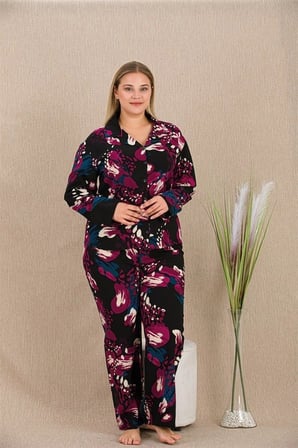 Nevamel® Büyük Beden Renkli Desenli Düğmeli Uzun Kol Viskon Pijama Takımı