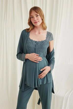 Nevamel® Dantelli Önü Düğmeli Hamile Lohusa 3'Lü Viskon Pijama Takımı