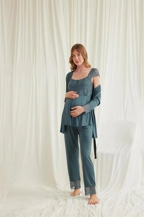 Nevamel® Dantelli Önü Düğmeli Hamile Lohusa 3'Lü Viskon Pijama Takımı