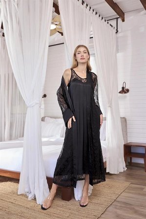 Nevamel® %100 Viskon Dantelli Ve Dekolteli Saten Sabahlık Takımı (Kod:100)