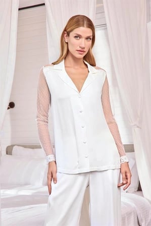 Nevamel® Dantelli Ve Tüllü Uzun Kollu Önü Düğmeli Saten Pijama Takımı