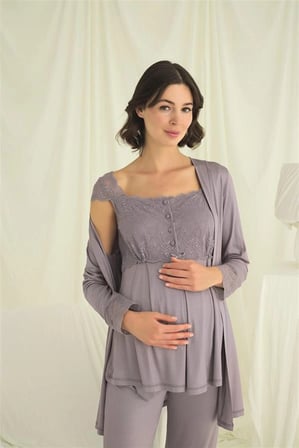 Nevamel® Dantelli Önü Düğmeli Hamile Lohusa 3'Lü Pijama Takımı