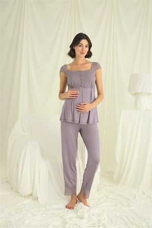 Nevamel® Dantelli Önü Düğmeli Hamile Lohusa 3'Lü Pijama Takımı