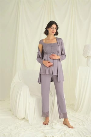 Nevamel® Dantelli Önü Düğmeli Hamile Lohusa 3'Lü Pijama Takımı