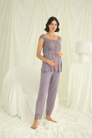 Nevamel® Dantelli Önü Düğmeli Hamile Lohusa 3'Lü Pijama Takımı