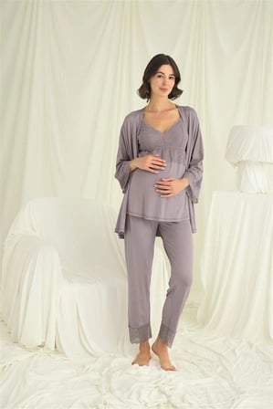 Nevamel® Dantelli Hamile Lohusa 3'Lü Pijama Takımı