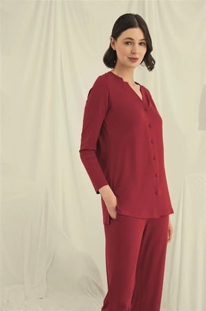 Nevamel® Uzun Kollu Boydan Düğmeli V Yaka Pijama Takımı