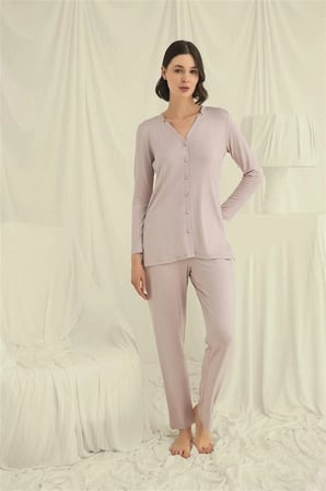 Nevamel® Uzun Kollu Boydan Düğmeli V Yaka Pijama Takımı