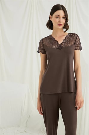 Nevamel® Kısa Kollu Ve Dantelli V Yaka Pijama Takımı